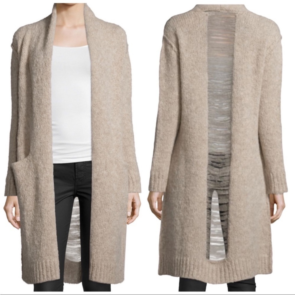 Current Elliott Long Slash Pocket Open Front Alpaca shredded Cardigan beige 3 lg